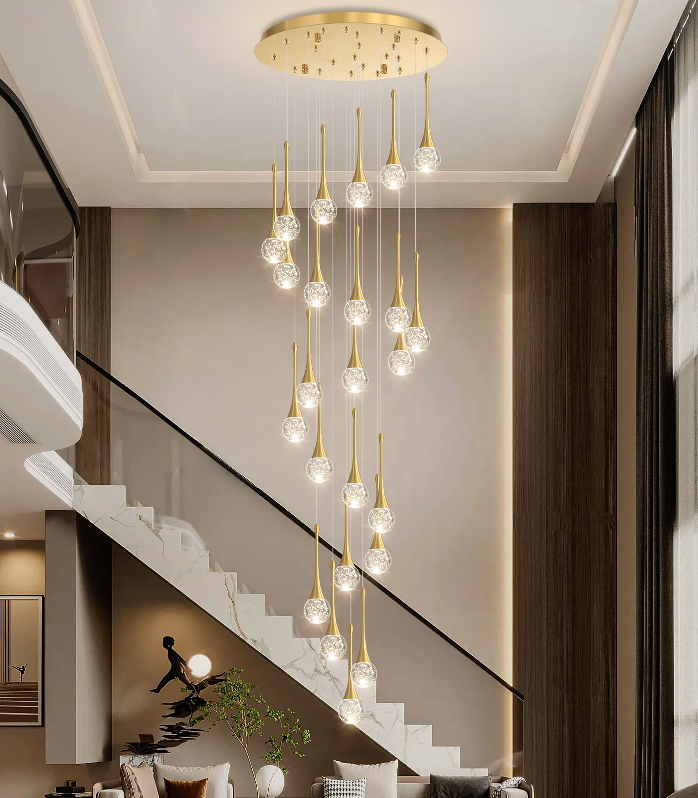 24 Light Modern Glam Crystal Chandelier For High Ceiling Led Dimmable Ceiling Pendant Light Staircase Foyer Enterway Living Room Chandelier Lighting Antique Gold