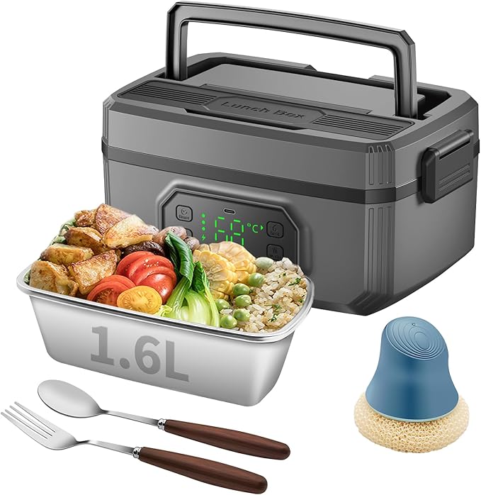 Electric Lunch Box for Adults with Timer - 1.6L Cordless Electric 24000mAh Battery-Powered Heated,5-Sided Heating & Smart Reservation - Portable Heated Lunch Box for Office, Truck, Camping
