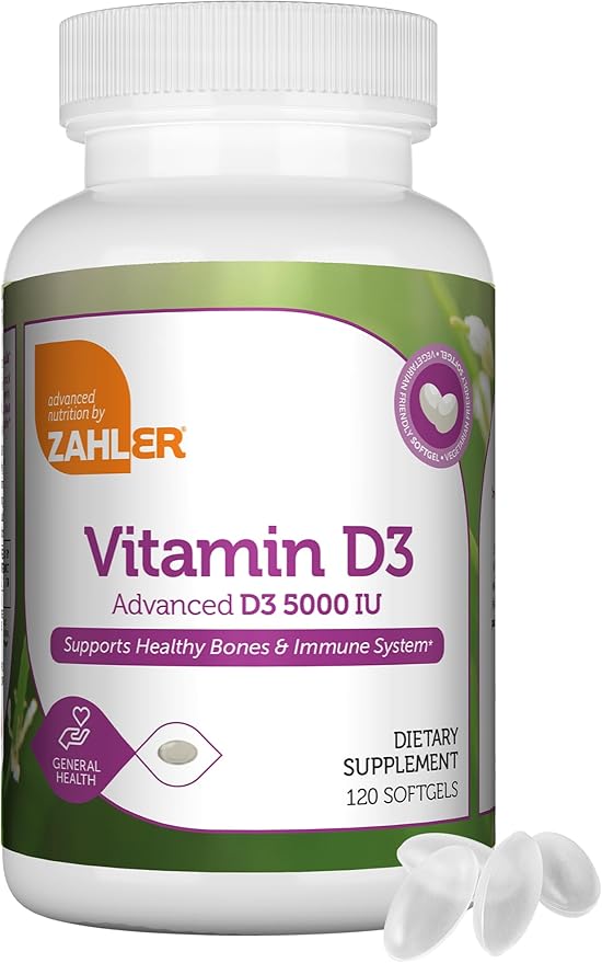 Zahler - Advanced Vitamin D3 5000 IU Softgels (120 Count) Kosher Vegetarian Friendly Vitamin D for Immune Support, Bone, Teeth & Muscle Health - Daily D3 Vitamin Supplement for Adults - Easy Swallow V