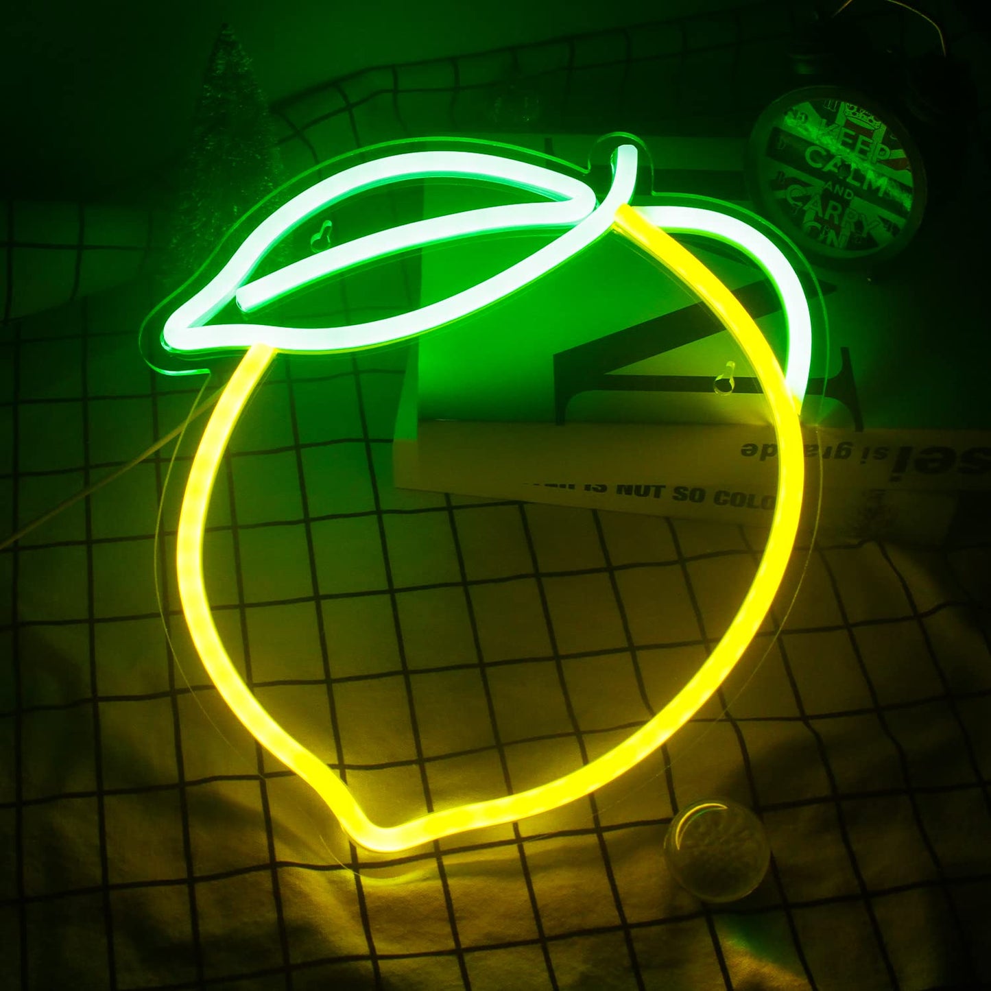 Wanxing Lemon Neon Sign - Led Fruit Shape Light For Bar, Kids Room, Wedding, 12.6X11, Yellow & Green, Model Ns-Wx-Lemon