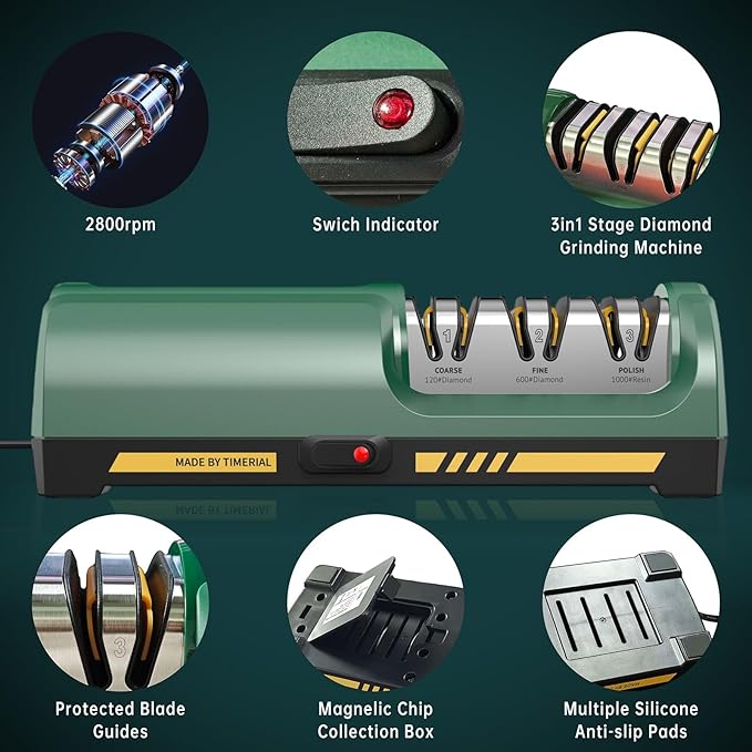Electric Knife Sharpener 3 Stage Diamond Abrasives Disc 15° Precision Angle Guide, for Sharpening and Polishing Steel Kitchen Knives or Ceramic Knives,120 Grit and 600 Grit and 1000 Grit