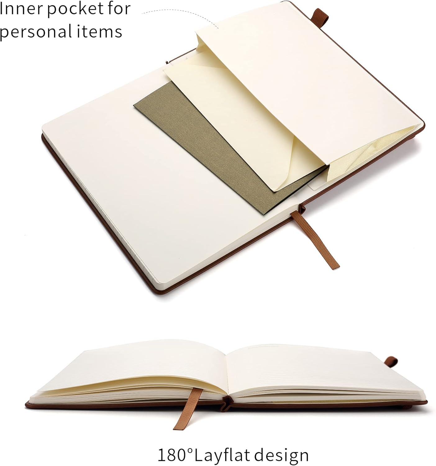 Deziliao Lined Journal Notebooks with Pen Loop, Hardcover Notebook Journal for Work, 100Gsm Premium Thick Paper with Inner Pocket, Medium 5.7"x8.4", （Brown, Ruled）