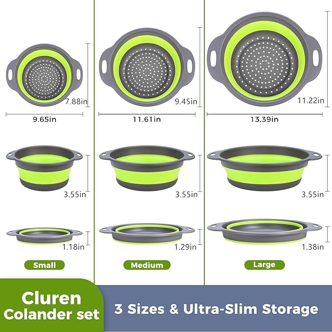 Collapsible Colander Set with Universal Draining Tray | 3-Pack Foldable Kitchen Strainers + Base | Space Saving for Pasta, Veggies, Fruit & Rice | 5 Colors (Gray-Green)