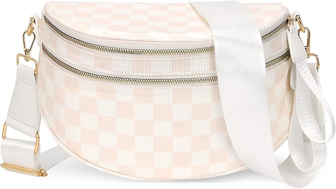 Duyijiff Checkered Crossbody Bum Bag Corduroy Bumbags for Women Large Cross Body Bum Purse Fanny Pack for Daily Use (White)