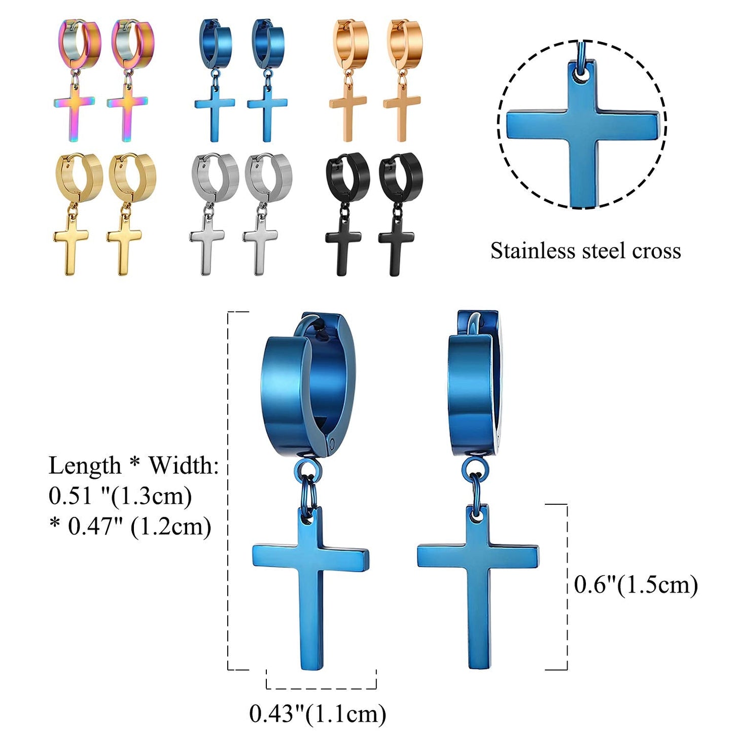 Cupimatch 3-6 Pairs Stainless Steel Cross Dangle Huggie Hinged Hoop Earrings for Men Women (6 Pairs Single Cross) for Mothers Da