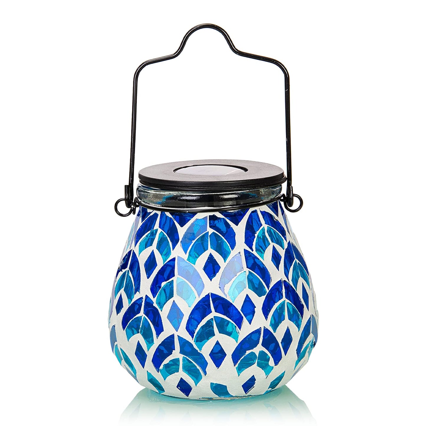 Afirst Mosaic Solar Lantern - Glass Hanging Lights, Waterproof, Blue, Model US-4400620-BL, For Garden & Patio Decoration, 1 Pack