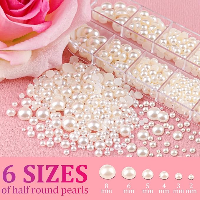 Belleboost Flat Back Pearls Kits 3 Boxes of Flatback Beige Half Round Pearls with Pickup Pencil and Tweezer for Home DIY and Professional Nail Art, Face Makeup and Craft
