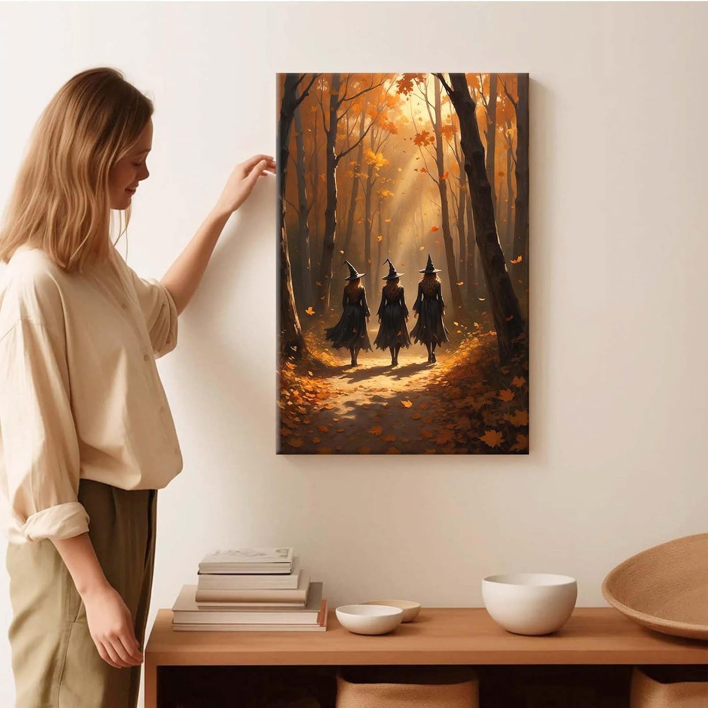 Three witches walking in the forest in autumn canvas painting gothic poster halloween print country witch wall art for home decoration8x12in Wood Framed