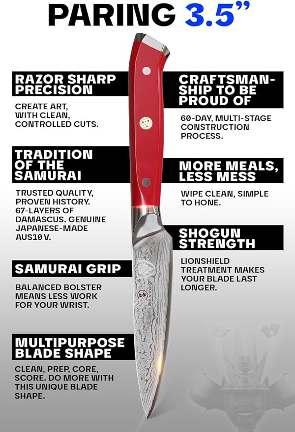 Dalstrong Paring Knife - 3.5 inch - Shogun Series - Damascus - Japanese AUS-10V Super Steel Kitchen Knife - Vacuum Treated - Crimson Red ABS Handle - Razor Sharp Cooking Chef Knife - w/Sheath