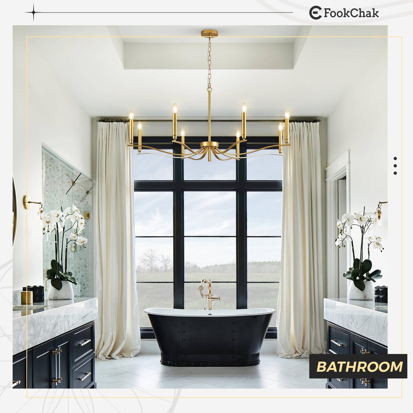 Fookchak Gold Chandeliers For Dining Room  8-Light Brass Chandelier Light Fixture Over Table Modern Candle Chandelier 44In Master Bedroom Chandeliers Lighting For Entry Foyer Bathtub Living Room