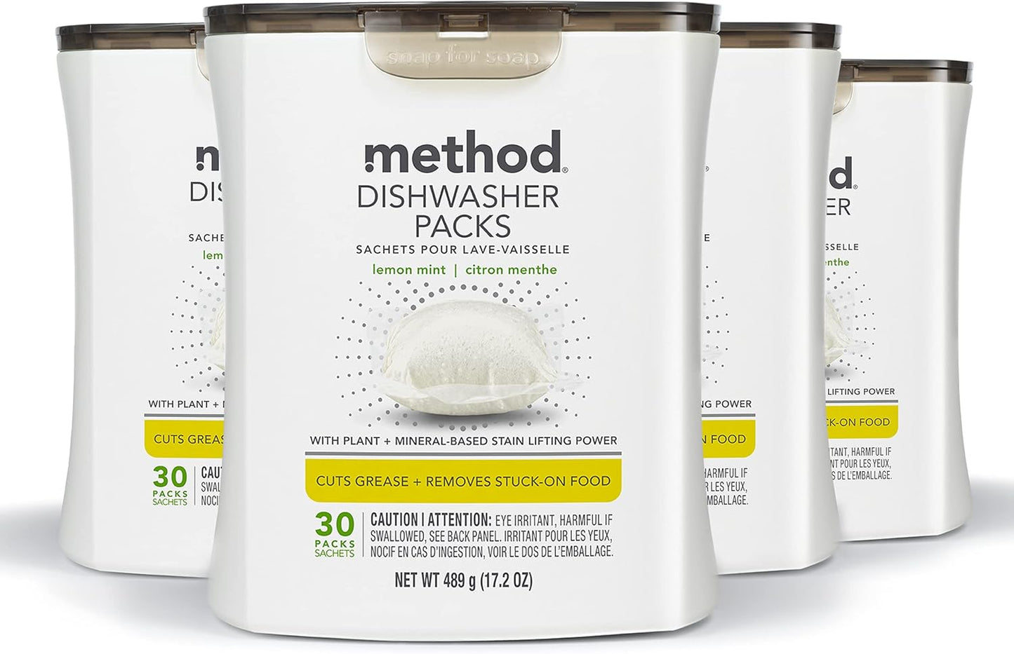 Method Dishwasher Detergent Packs, Lemon Mint, Dishwashing Rinse Aid to Lift Tough Grease and Stains, 30 Dishwasher Tabs per Package, (Pack of 4)