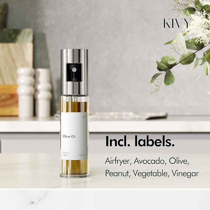 KIVY Glass Oil Sprayer for Cooking, Salads, BBQs & Airfryer [WITH LABELS] Innovative Spray with Portion Control - Oil Spray Bottle - Glass Olive Oil Sprayer - Cooking Oil Mister