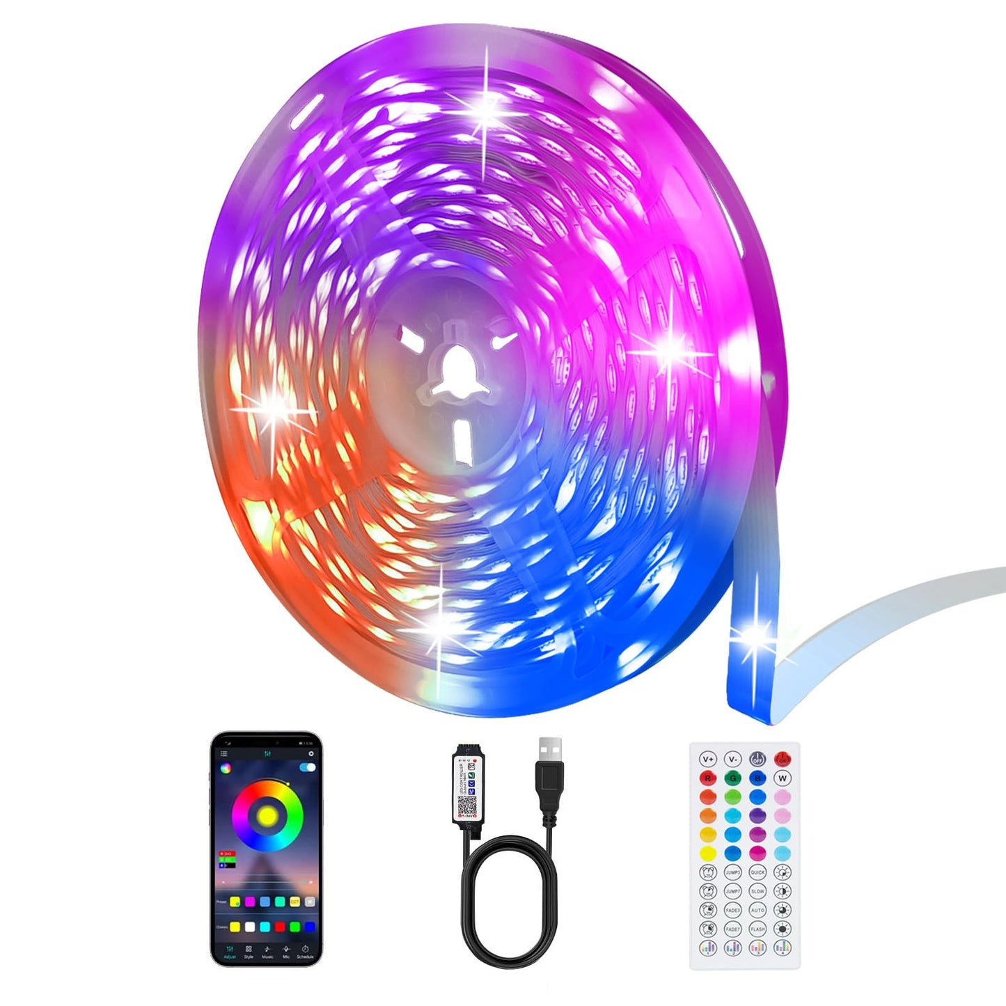 PSTAR LED Strip Lights, 50ft RGB Color Changing, Music Sync, Bluetooth Control, USB-Powered, Model XLUSB15M