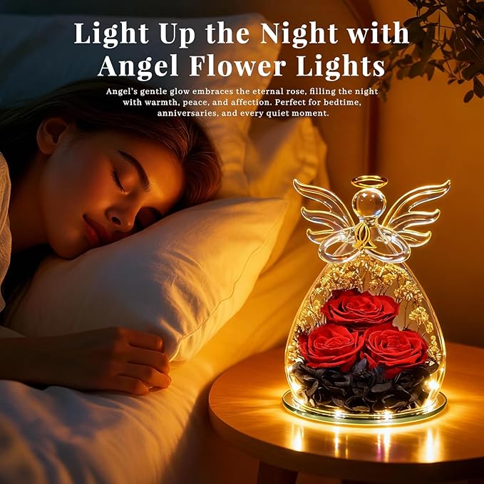 Beferr Valentines Day Rose Gifts for Her Women Mom Gifts for Birthday, Fresh Flowers for Delivery Forever Preserved Rose in Glass Angel Figurine, for Grandma Wife Daughter Girlfriend