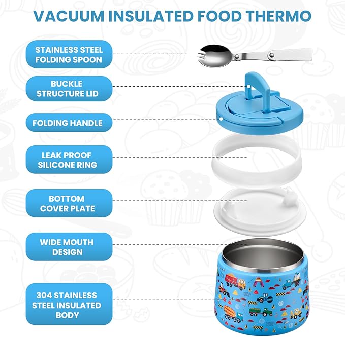 Kids Thermo for Hot Food, 14oz Insulated Soup Jar, Stainless Steel Lunch Box with Leakproof Lid & Spoon, Vacuum Insulated Bento Container (Truck)