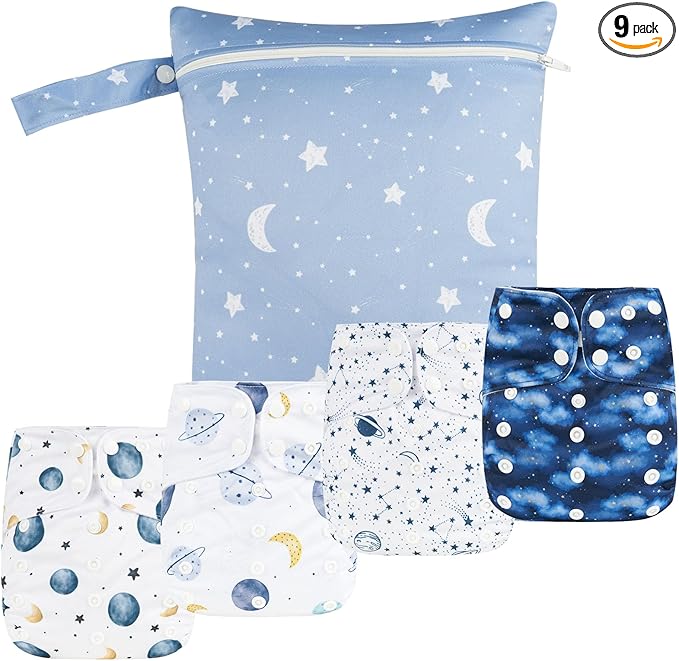 HappyFlute 9 Sets Newborn Baby Cloth Pocket Diapers Adjustable Reusable for Baby Boys and Girls(6-33 pounds,0-3 Years),One Wet Bag+4Diapers and 4Inserts (AD09)