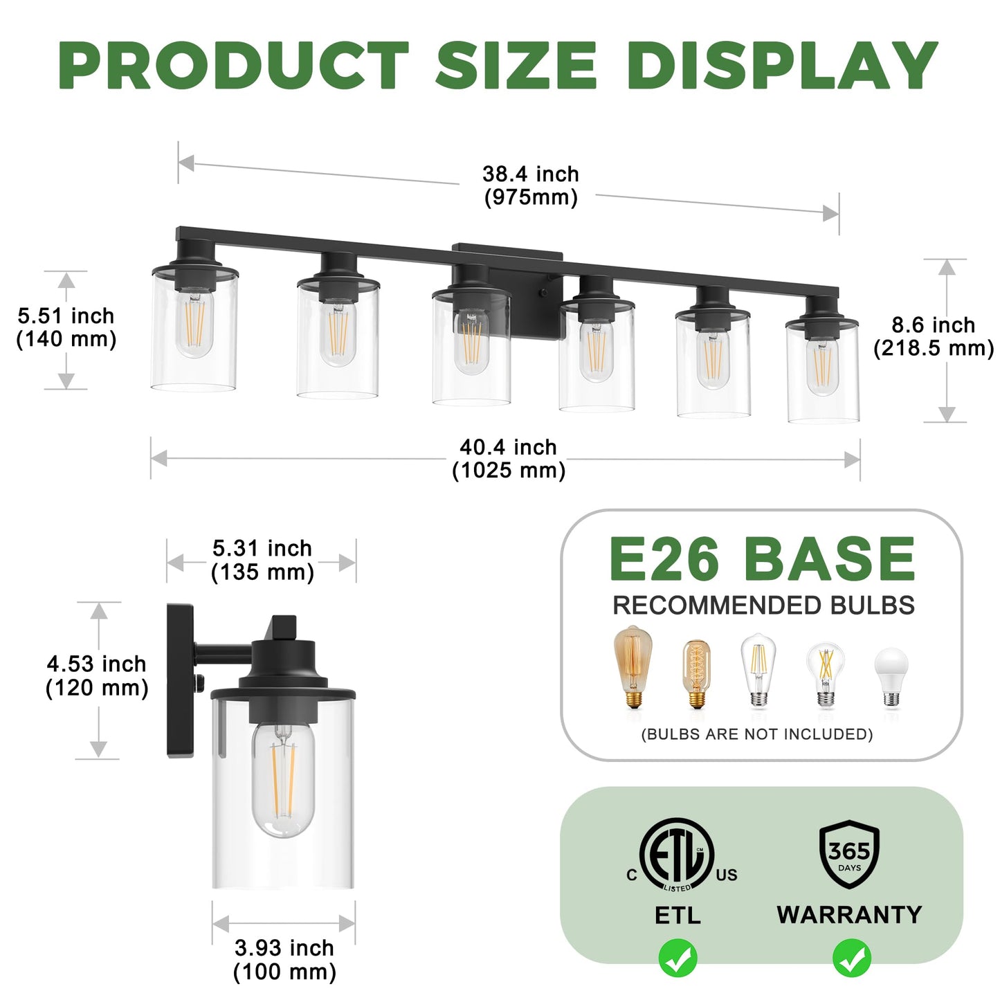 Doresshop Bathroom Light Fixtures  6-Light Matte Black Bathroom Lighting Fixtures Over Mirror With Clear Glass Shade  Vanity Lights For Hallway Living Room Bedroom