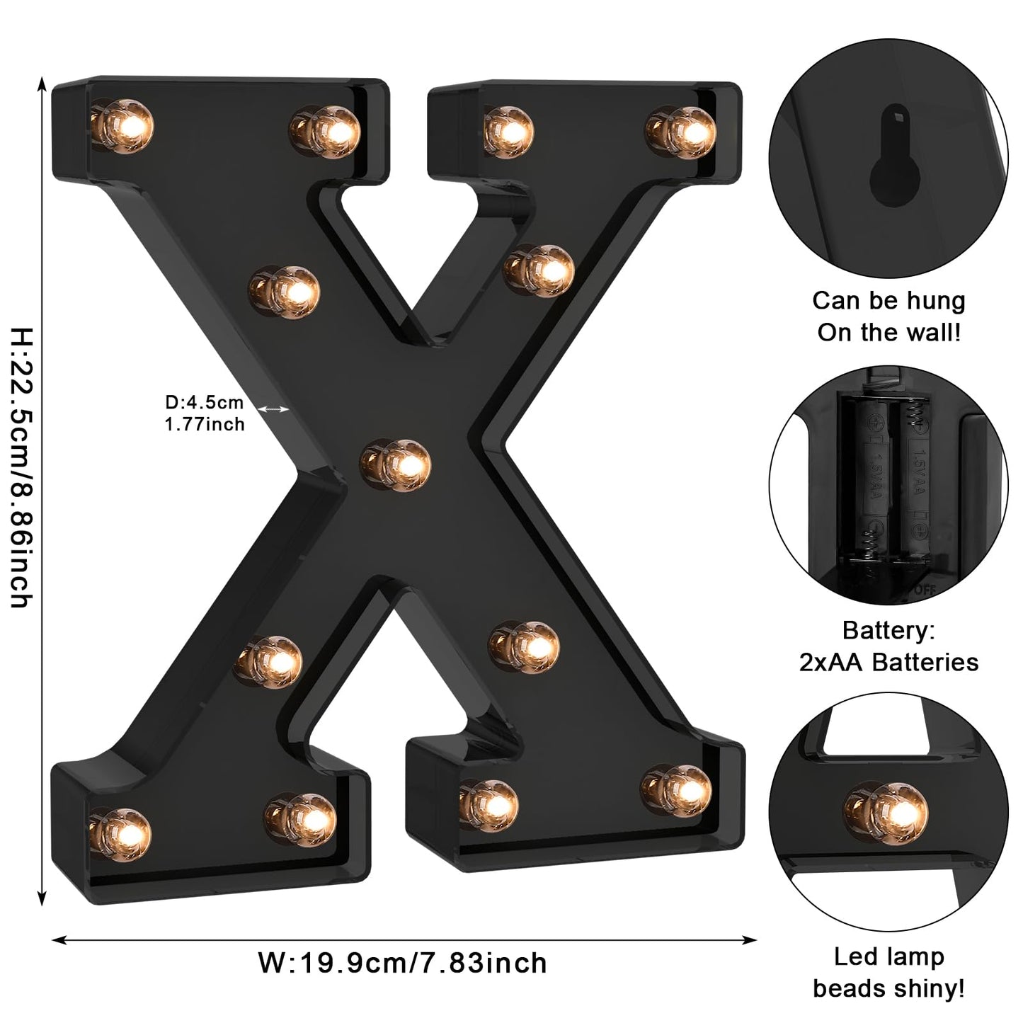 Foaky Black LED Letter Lights - Battery Operated Wall Decor, Model Black-25, Size X, Plastic Material