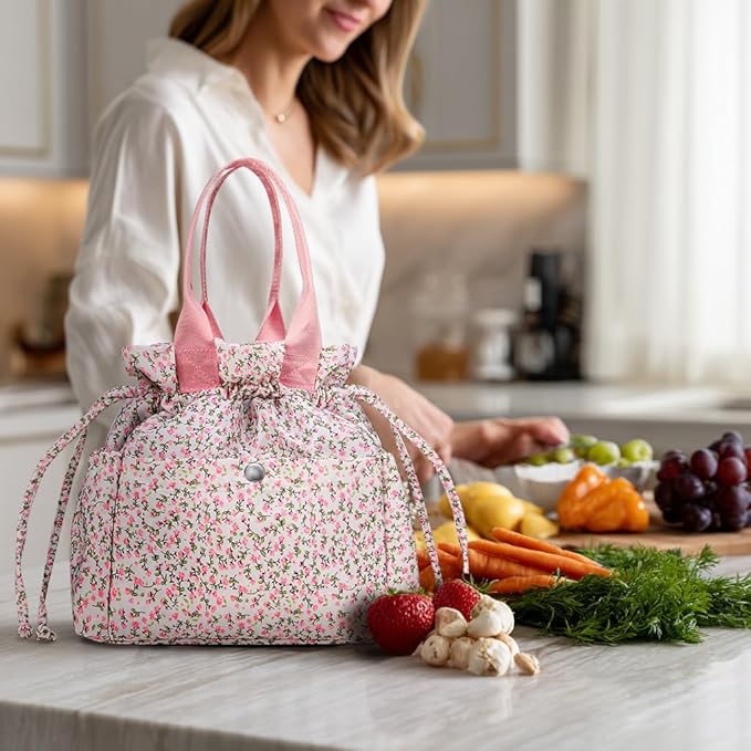 Yarnic Lunch Bag Women Insulated Lunch Bags,Cute Floral Reusable Lunch Box Stain-Resistant Lunchbox with Water Bottle Holder for Adult (Pink Flower)