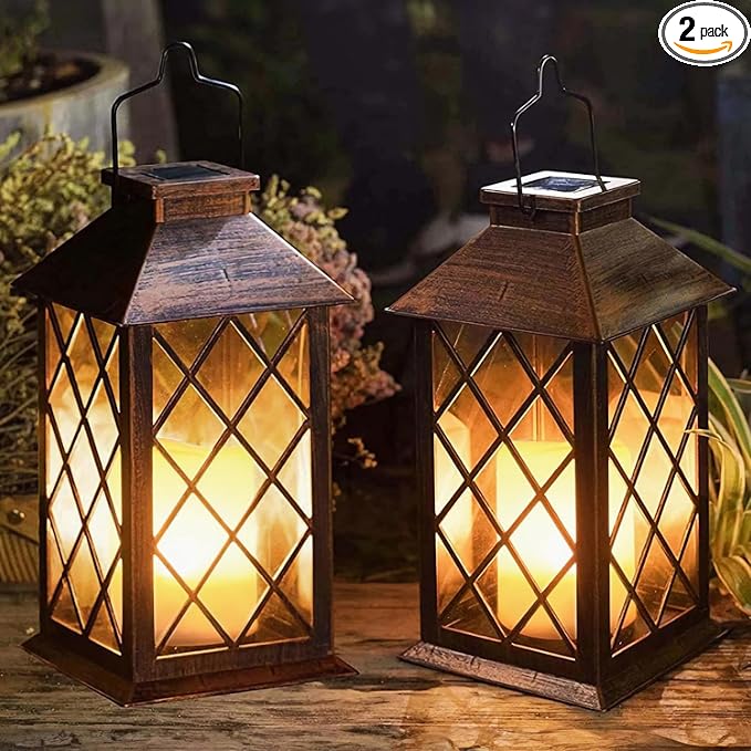 [2 Pack] TAKE ME 14" Solar Lantern Outdoor Garden Hanging Lantern Waterproof LED Flickering Flameless Candle Mission Light...