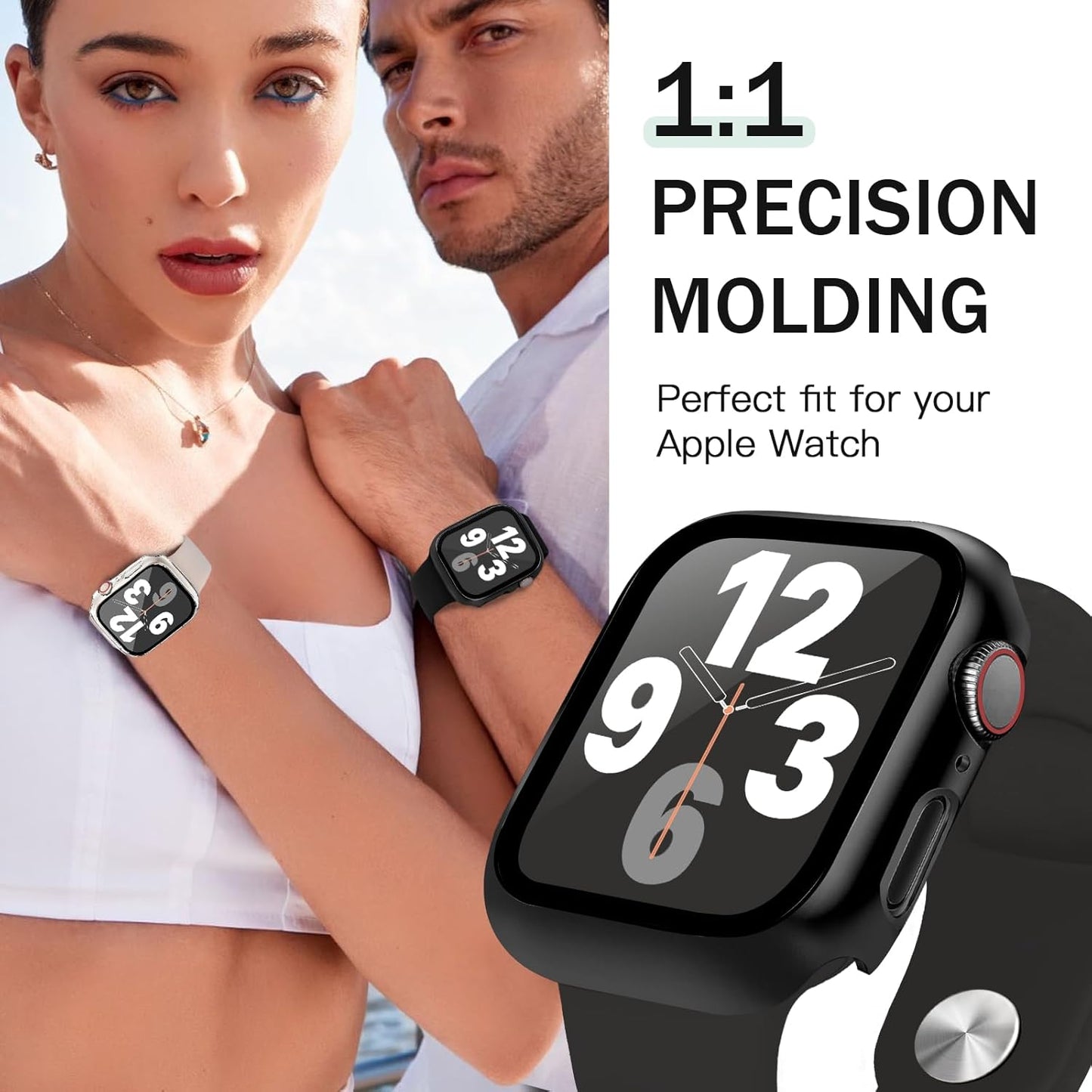 JR.DM 45mm 2 Pack Hard PC Case with HD Tempered Glass Screen Protector for Apple Watch Series 9/8/7, Slim Guard Bumper Full Coverage Protective Anti-Scratch Face Cover for iWatch, Black+Clear