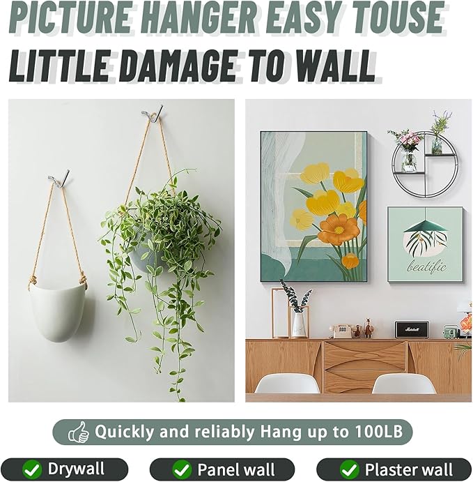 Super Hooks Picture Hanger,Gorilla Hooks - Hang Art, Clock, Shelves, Mirrors, Frames, or Planters for Home and Office Decorations-30pcs