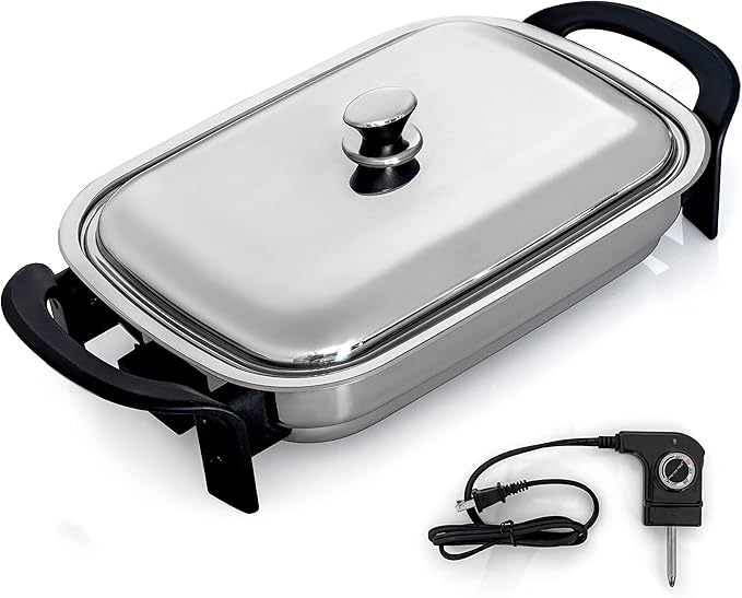 Maxam 16-Inch Electric Skillet - Rectangular Stainless Steel Pan with Handles and Lid Cover