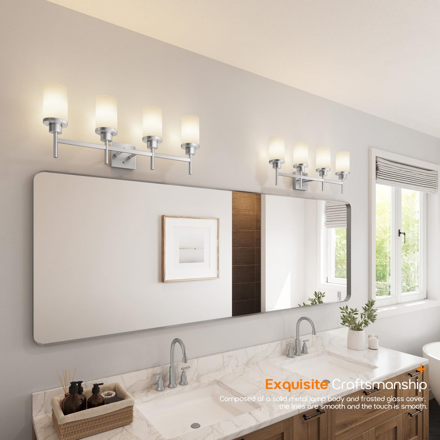 AONEON 4-Light Vanity Lighting Fixtures with White Frosted Glass Shade, Brushed Nickel Bathroom Wall Lamps Over Mirror for Bath Restroom Kitchen T001BR-L4