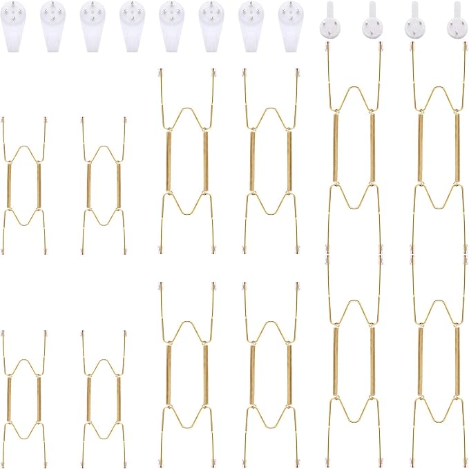 Hotop 12 Pieces Plate Hangers for Wall 6/8/10 Inch Stainless Steel Wire Invisible Plate Hangers Heavy Duty Display Holders with 12 Pieces Hooks for Wall Decorative(Gold)