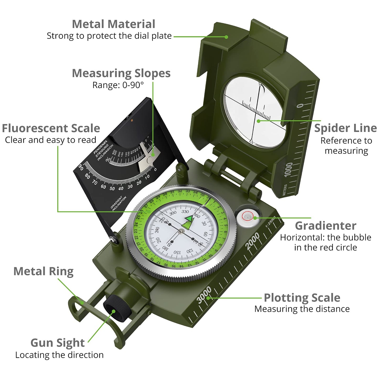 Proster Ip65 Hiking Compass Waterproof Compass - Metal Compass Camping Compass With Sighting Clinometer With Carry Bag For Campi
