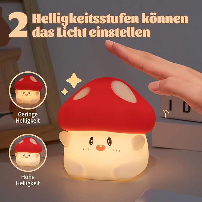 Hug Mushroom Lamp, Cute Mushroom Night Light, 2 Levels Dimmable Night, LED Squishy Night Light for Kids Sleep, Rechargeable Bedside Touch Silicone Lamp, Unique Dorm Decor Gift Toy