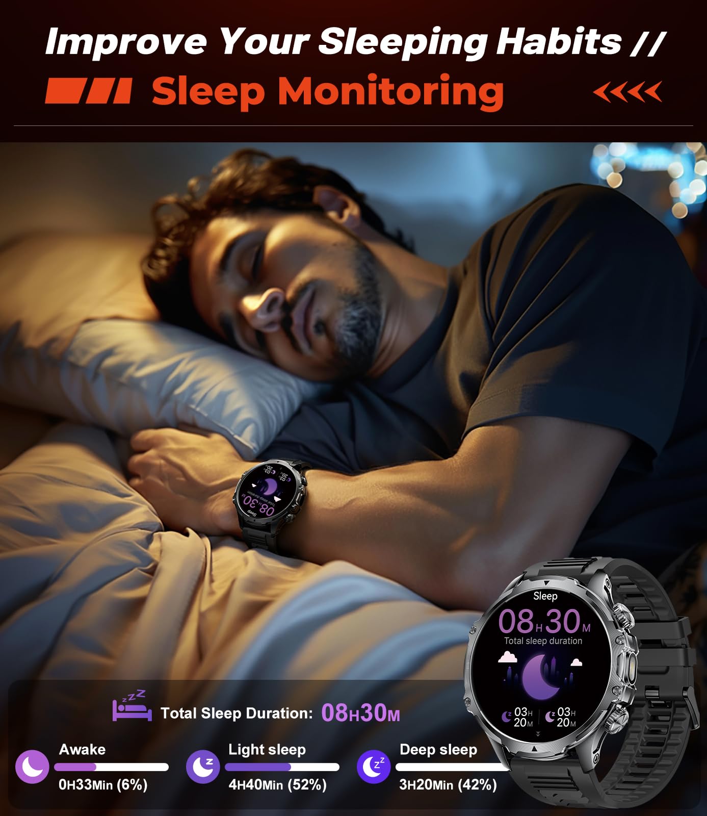 HIRREO Military Smart Watch for Men, 1.85'' HD Large Screen Smartwatch, Flashlight/IP68 Waterproof/800mAh/Pedometer/100+ Sports Fitness Tracker, Mens Smart Watches for Android iPhone Compatible