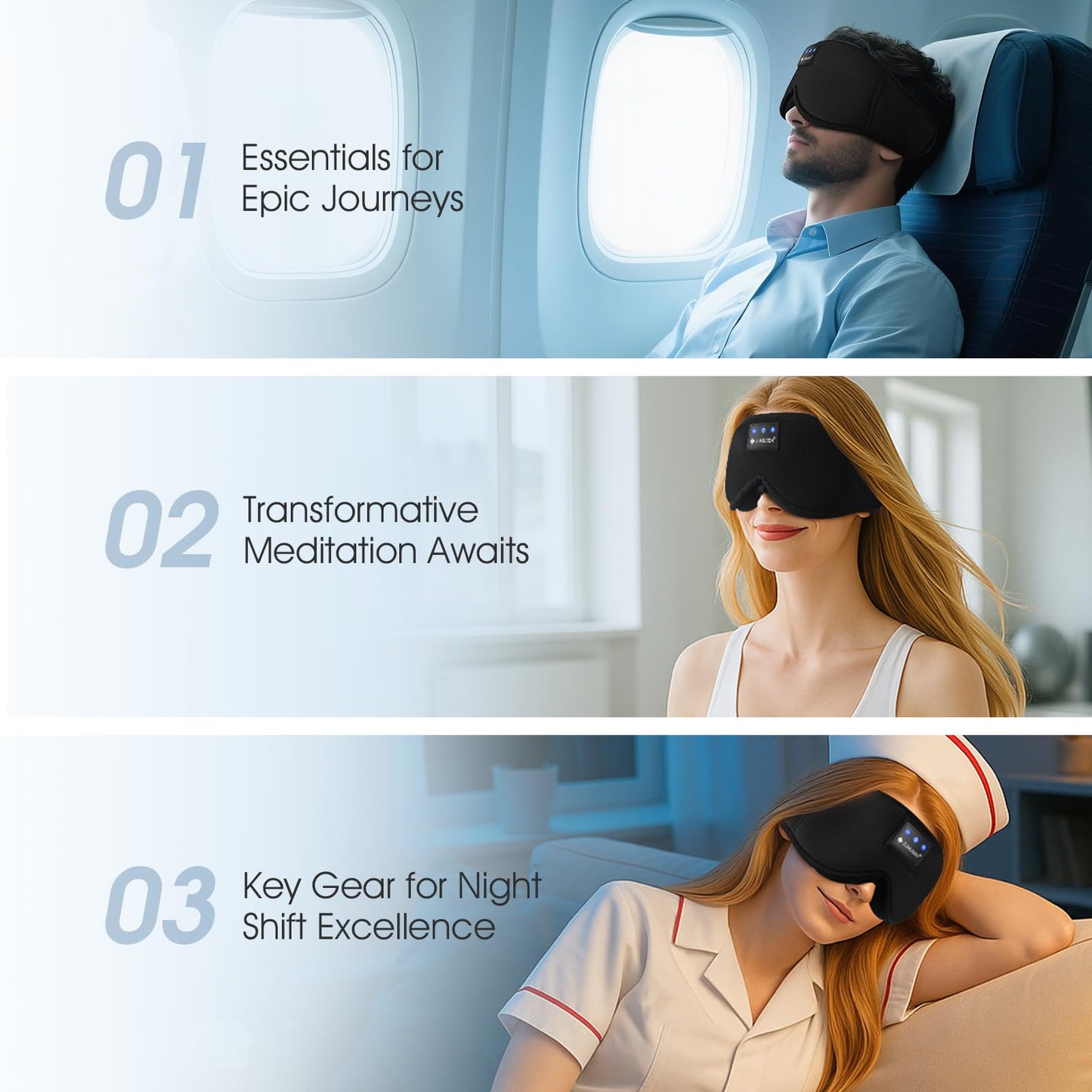ZUMUSEN Bluetooth Sleep Headphones, 3D Wireless Music Eye Mask with Ultra-Thin Stereo Speakers, Adjustable Sleep Mask for Side Sleepers, Perfect for Travel, Meditation, Relaxation