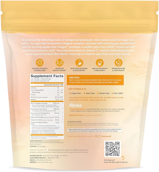 SkinnyFit - Super Youth, Orange Pineapple (28 Servings) - Multi Collagen Peptides Powder - Probiotics, Fiber, Hyaluronic Acid - Collagen for Women - Non GMO, Gluten Free, Sugar Free - Self Care