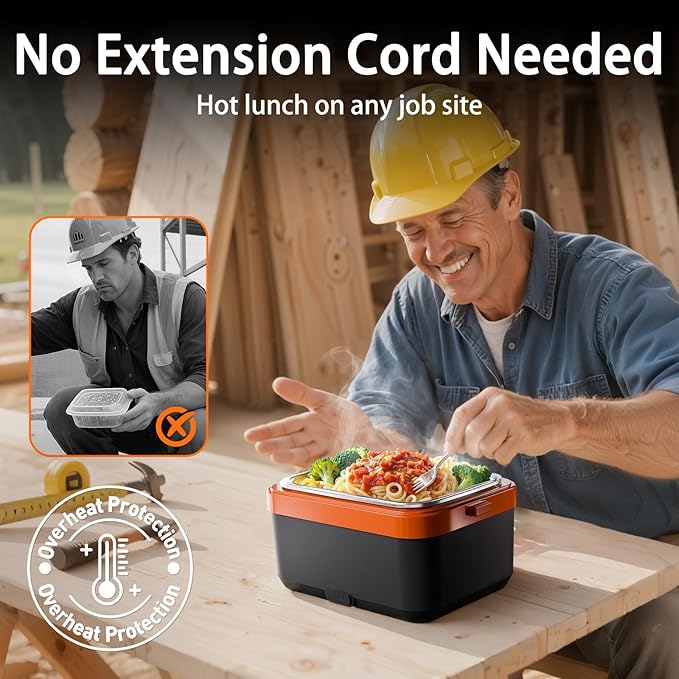 Electric Heated Lunch Box: Cordless 6.3-Cup Portable Food Warmer with 75W Fast Heating & Type-C, Leak Proof Stainless Steel Container for Truck Drivers, Office & Construction Workers, Black
