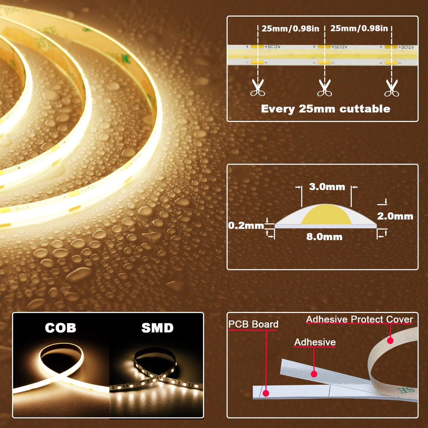 Topai 12V Cob Led Strip Light, Warm White, 16.4Ft, Ip65 Waterproof, 480 Leds/M, Model Cobw1-480, High Density For Diy Projects
