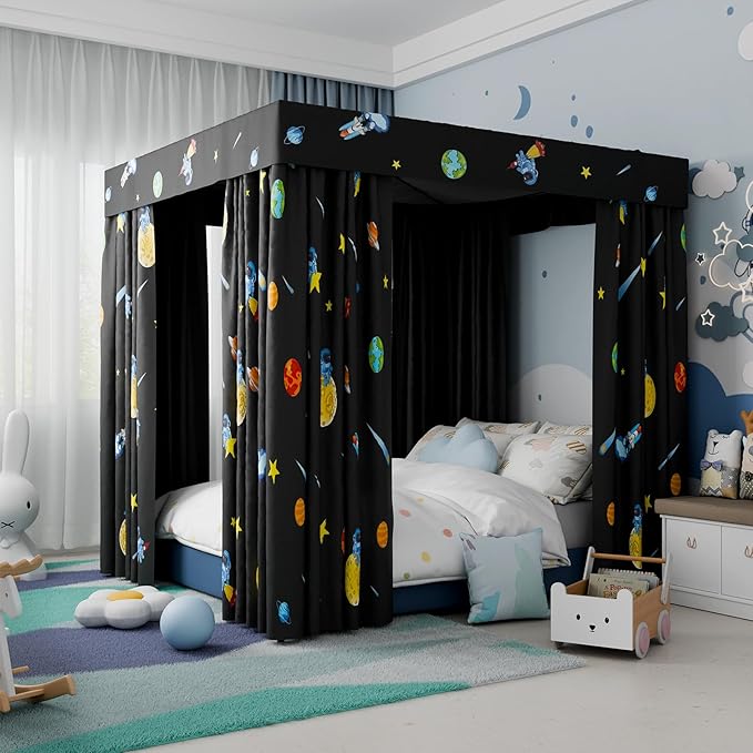 Hvqic Black Canopy Bed Curtains - 4 Corner Post Bed Curtains Queen Bed Curtains Lightproof Drapes Bed Canopy for Adults & Girls Bedroom Decoration(Queen,Black-Planet)