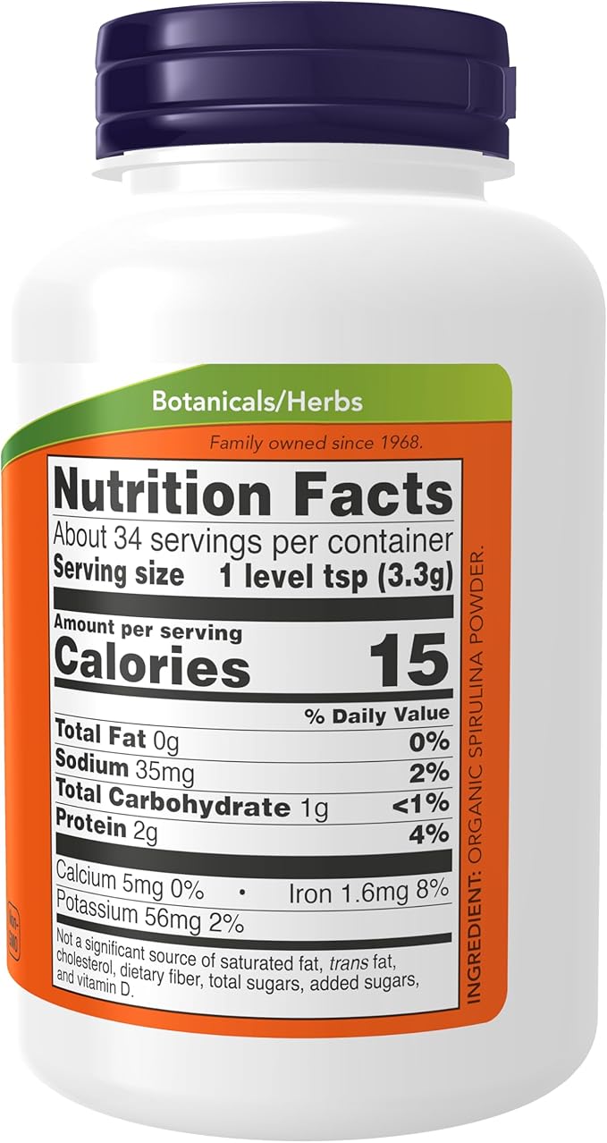 NOW Supplements, Certified Organic, Spirulina Powder, Rich in Beta-Carotene (Vitamin A) and B-12 with Naturally Occurring GLA & Chlorophyll, 4-Ounce (Pack of 2)