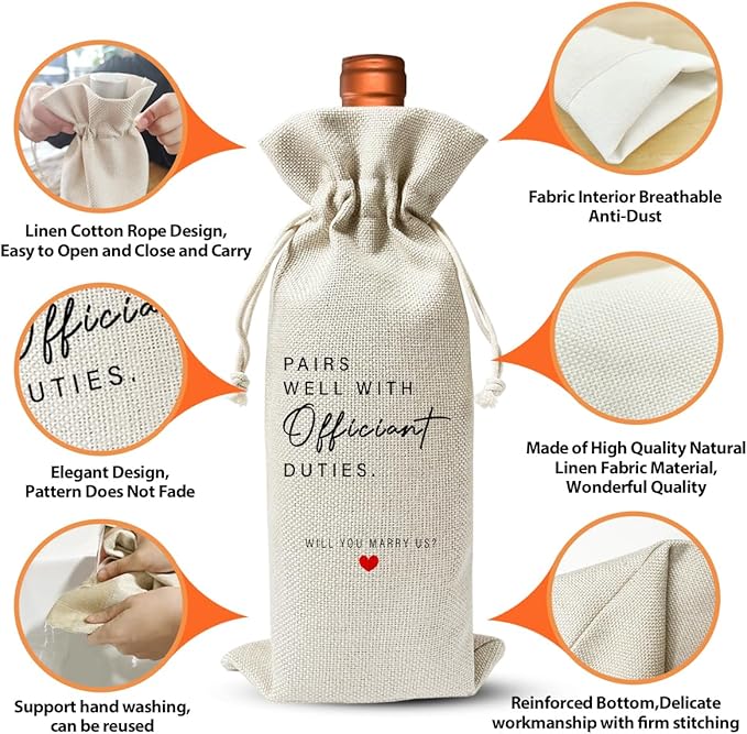 Wedding Officiant Gift Wine Bag, Ordained Minister and Pastor Appreciation Gift, Engagement Gift, Engagement Party Supply Favor, Officiant Gift Idea, Proposal Gift, Cotton Linen Wine Bag