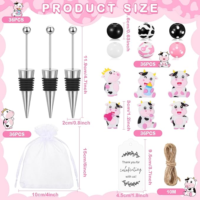 Gisafai 36 Set Cow Beadable Wine Stoppers Baby Shower Wedding Favors for Guests Decorative Beaded Wine Bottle Stopper with Cow Beads Organza Bag Tag for Wedding Cow Party Favor Souvenirs Gifts