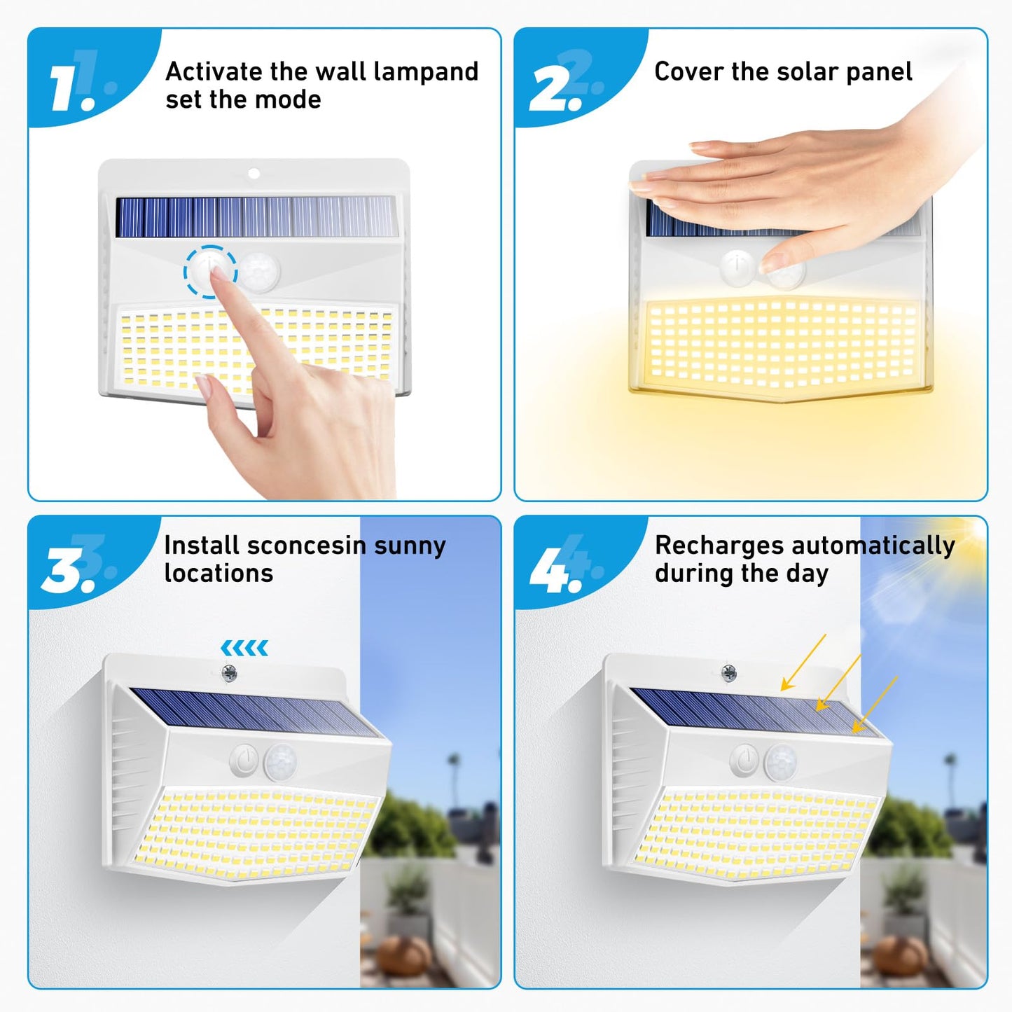 Peasur Solar Outdoor Lights  [4 Packs] Motion Sensor Security Lights With 3 Lighting Modes Wall Lights Waterproof Solar Powered Lights For Garden Yard  White Warm