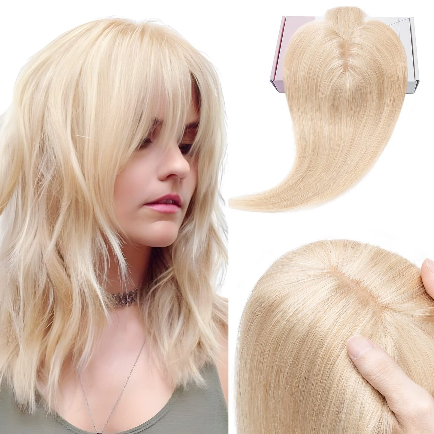 Elailite Hair Toppers for Women Real Human Hair Topper with Bangs Thinning Thin 5.1x2.8 Silk Base Clip in Remy Hairpieces 18 Inc