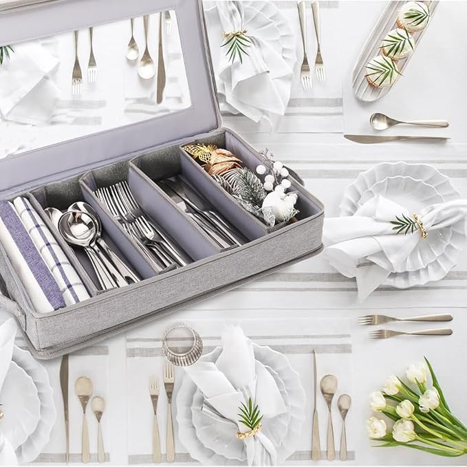 Flatware Utensil Storage Case, Grey Silverware Storage Box Chest with Adjustable Dividers, Removable Cutlery Storage Holder with Zipper Lid for Organizing Spoon/Flatware/Knives