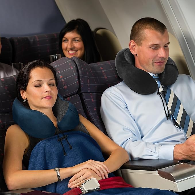 Travel Pillow and Blanket Set Neck Pillow Airplane Memory Foam for Traveling Compact with Bag Black