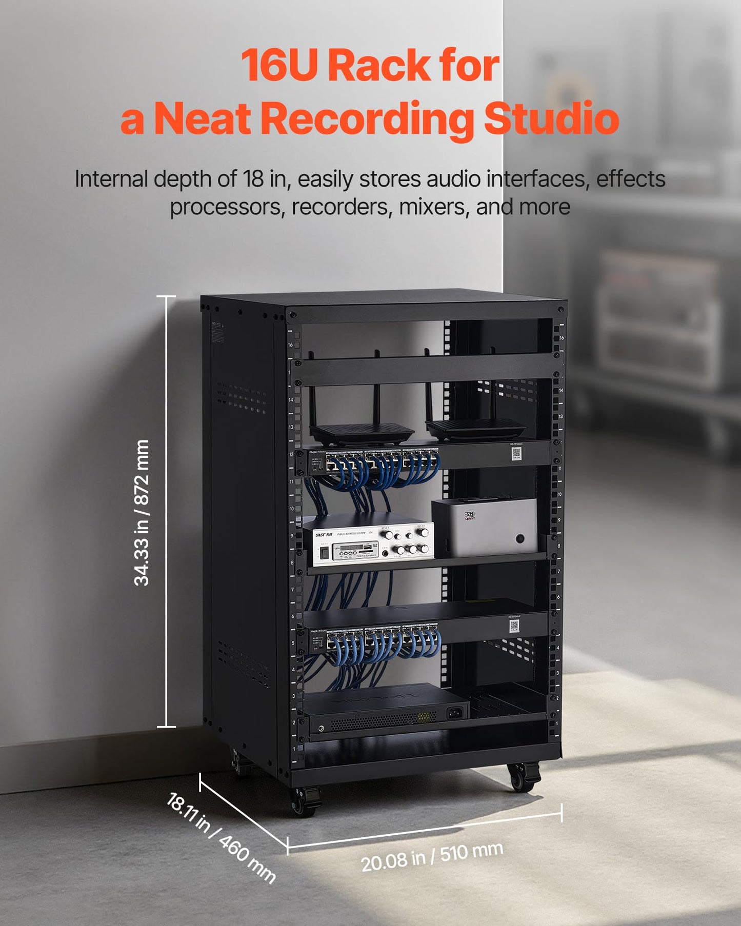 Vevor 16U Av Rack, Recording Studio Rack Cabinet, Open Frame Server Rack With Locking Caster Wheels, Removable Side Panels & Ven