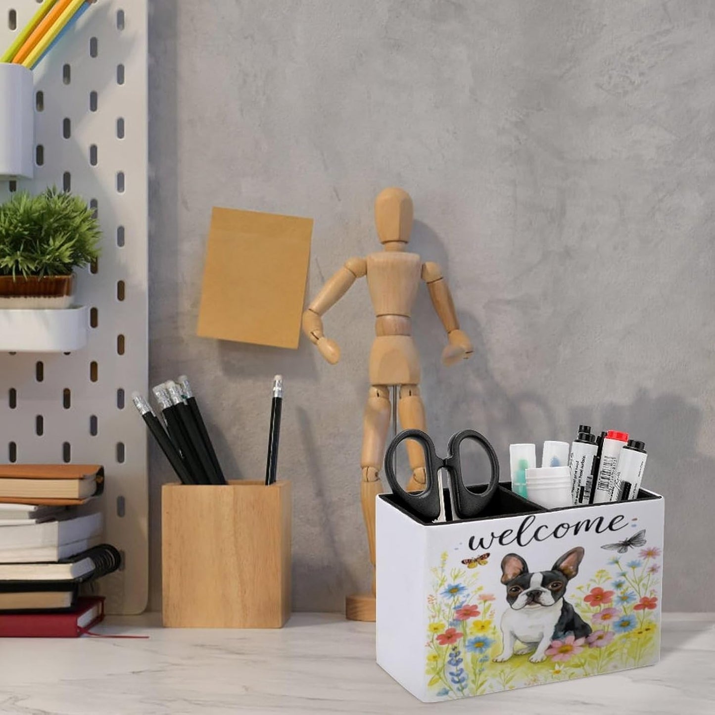Welcome Dog Flowers Lether Pen Holder for Desk Makeup Brush Holder Office Organizer Desk Accessory for School Office