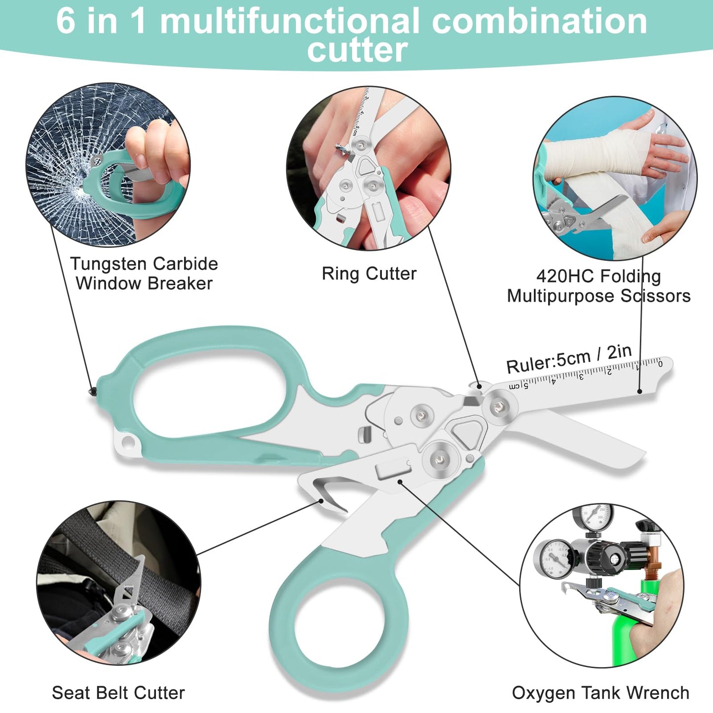 Lemasa 6-in-1 heavy-duty/trauma shears, Folding Retractable Emergency Shears, Outdoor Camping Tools, Seat Belt Cutter, Oxygen Cylinder Wrench, Complimentary Adjustable Wrench (Aqua blue)