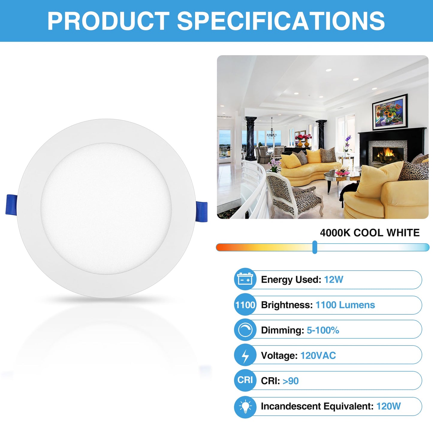 ECOELER 12 Pack 6 Inch Slim LED Recessed Lighting with Junction Box, 12W 1100Lm, 4000K Cool White, Dimmable LED Ceiling Downlights, High Brightness Wafer Lights, ETL & FCC