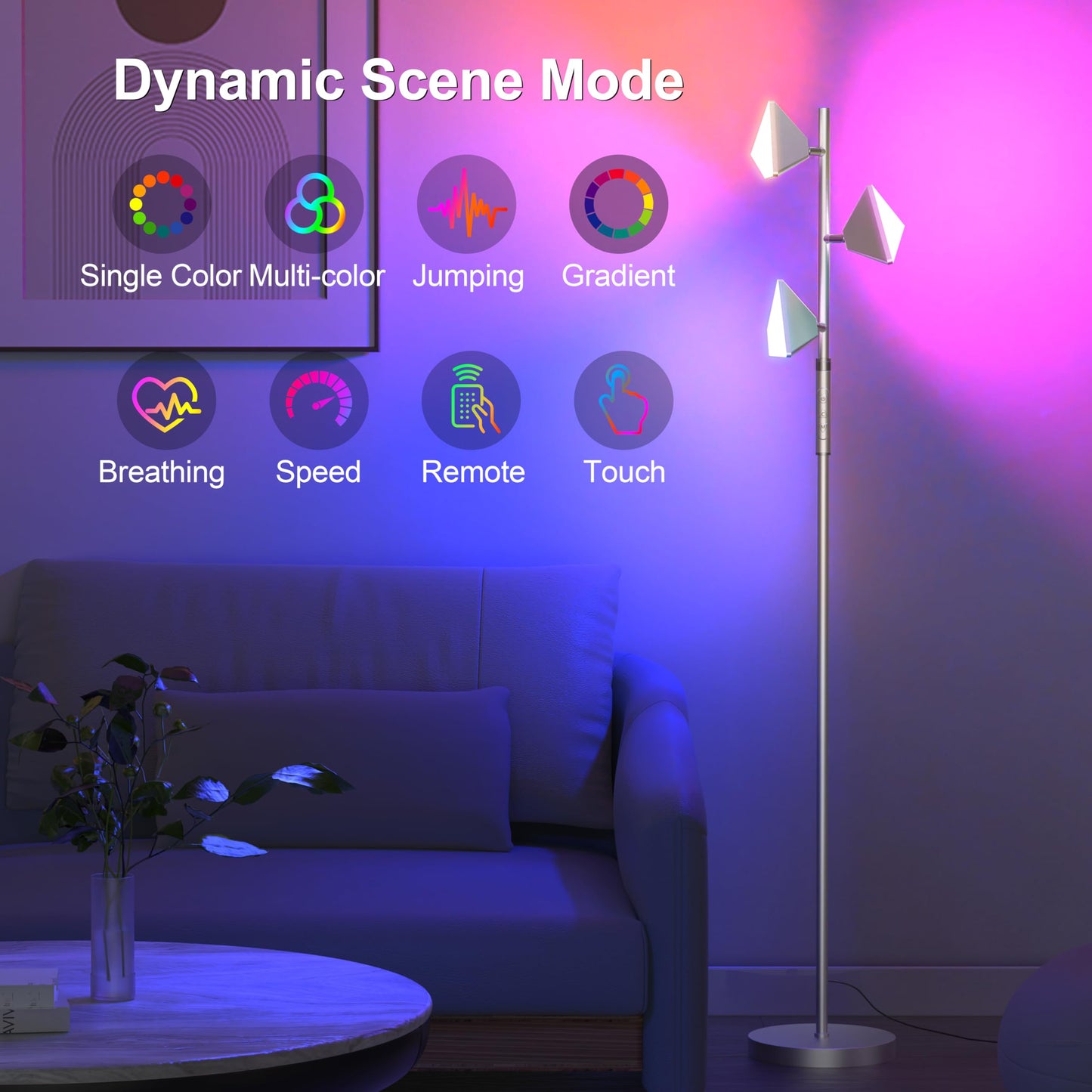 PARTPHONER RGB Tree Floor Lamp, Stepless Dimmable, Remote & Touch Control, Metal, Silver, Model FLA-036-A2-Silver