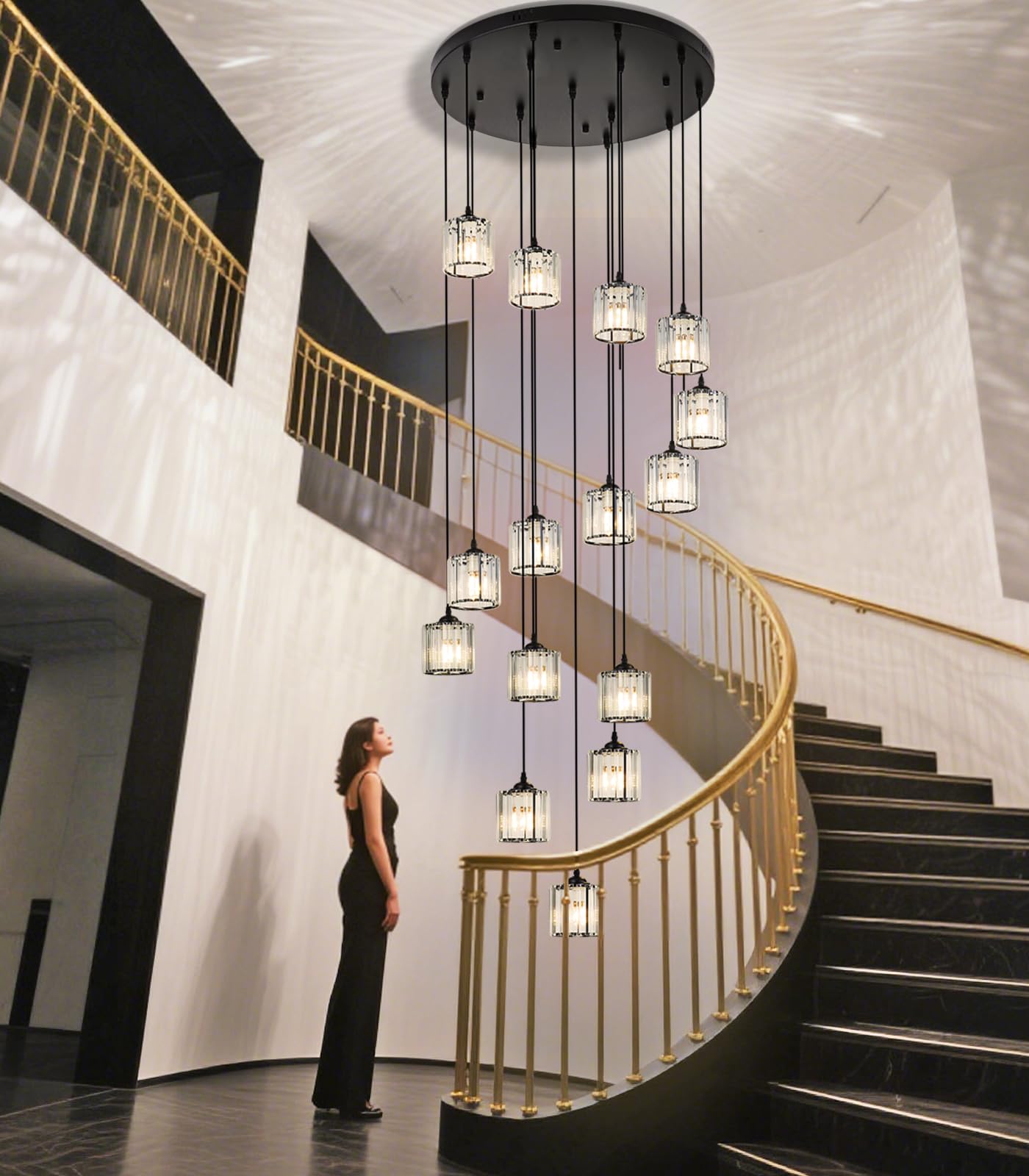Meimond Long Chandeliers For High Ceilings Modern Crystal Pendant Light Raindrop Drop Lamp Hanging Flush Mount Lighting Fixtures For Spiral Staircase Foyer Entryway Living Room Black (15 Lights)